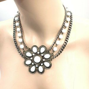 Eight Petal Flower Pendant White Bib Necklace